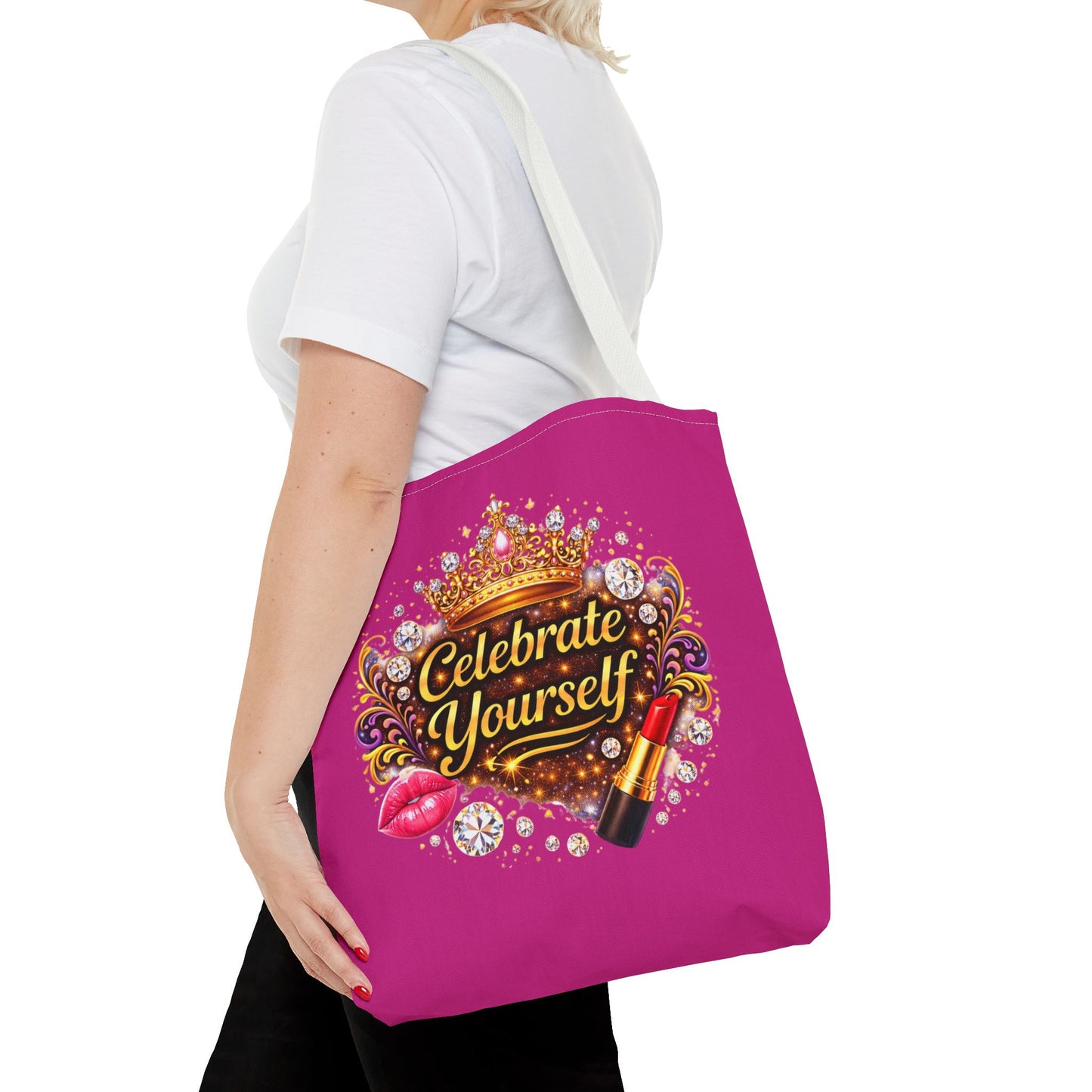 Celebrate Yourself Pink Tote Bag — Crown & Lipstick Glam Aesthetic
