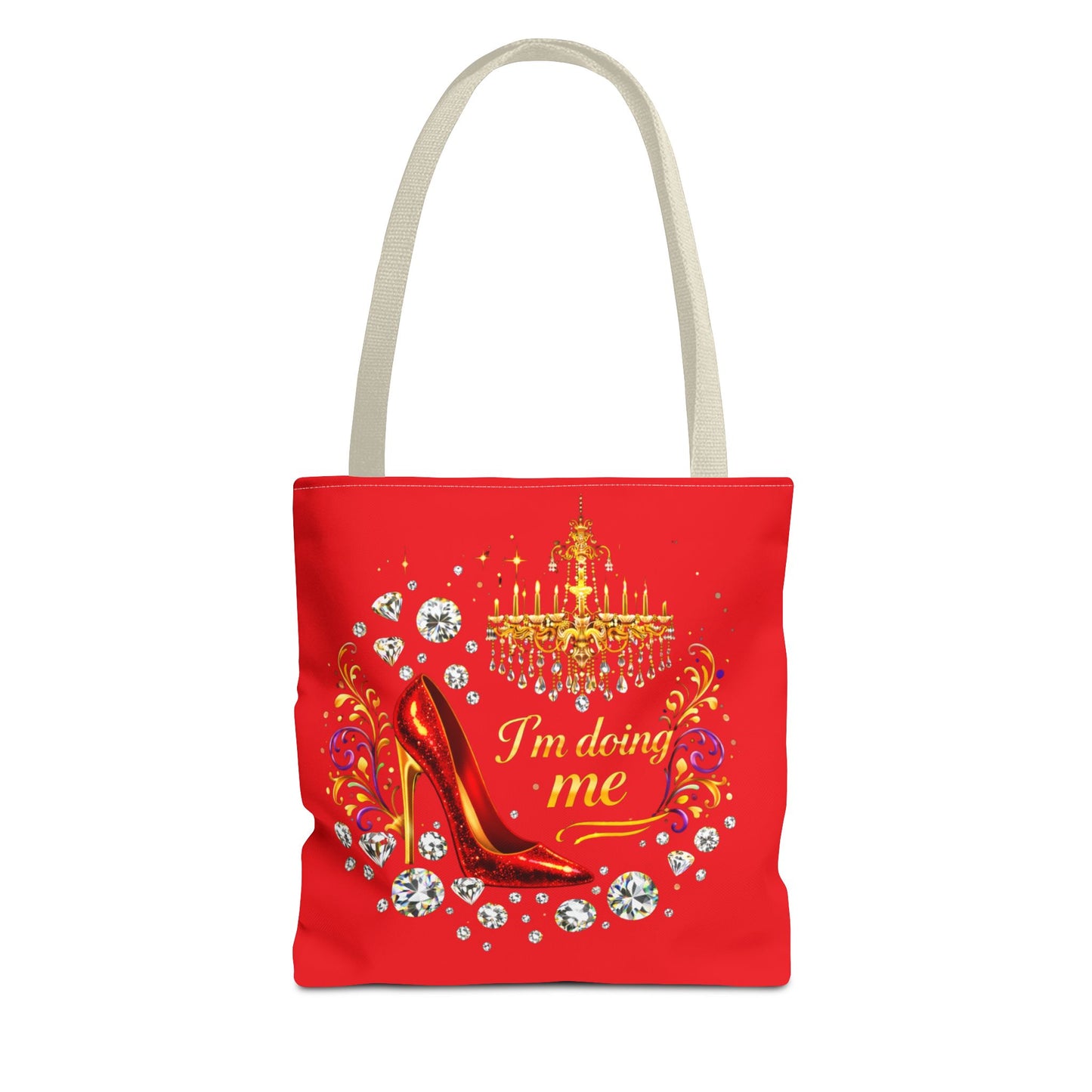 Red 'I'm Doing Me' Tote Bag — Glam High Heel & Chandelier Design