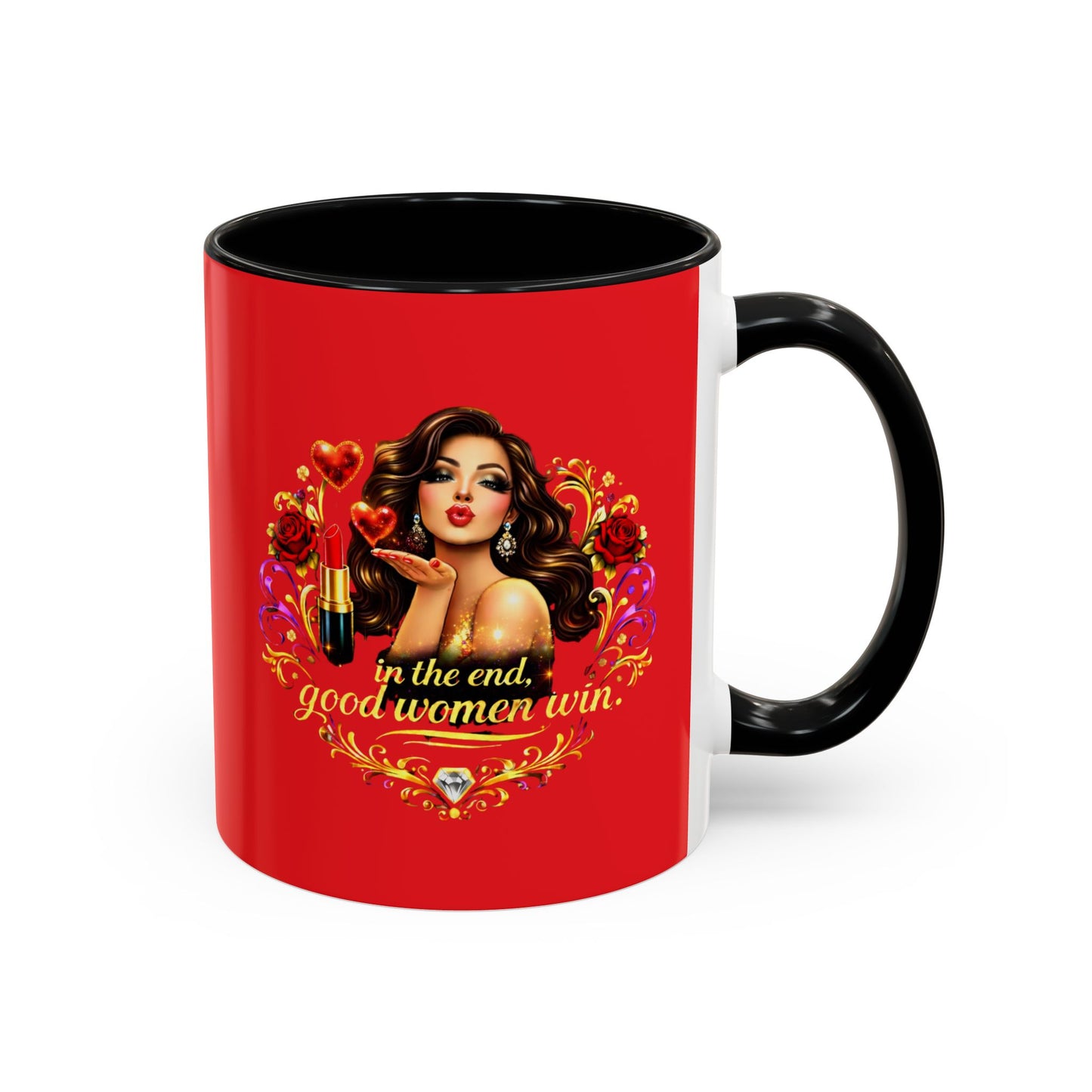Coffee Mug — "In the End, Good Women Win" BRUNETTE Retro Pin-Up Design
