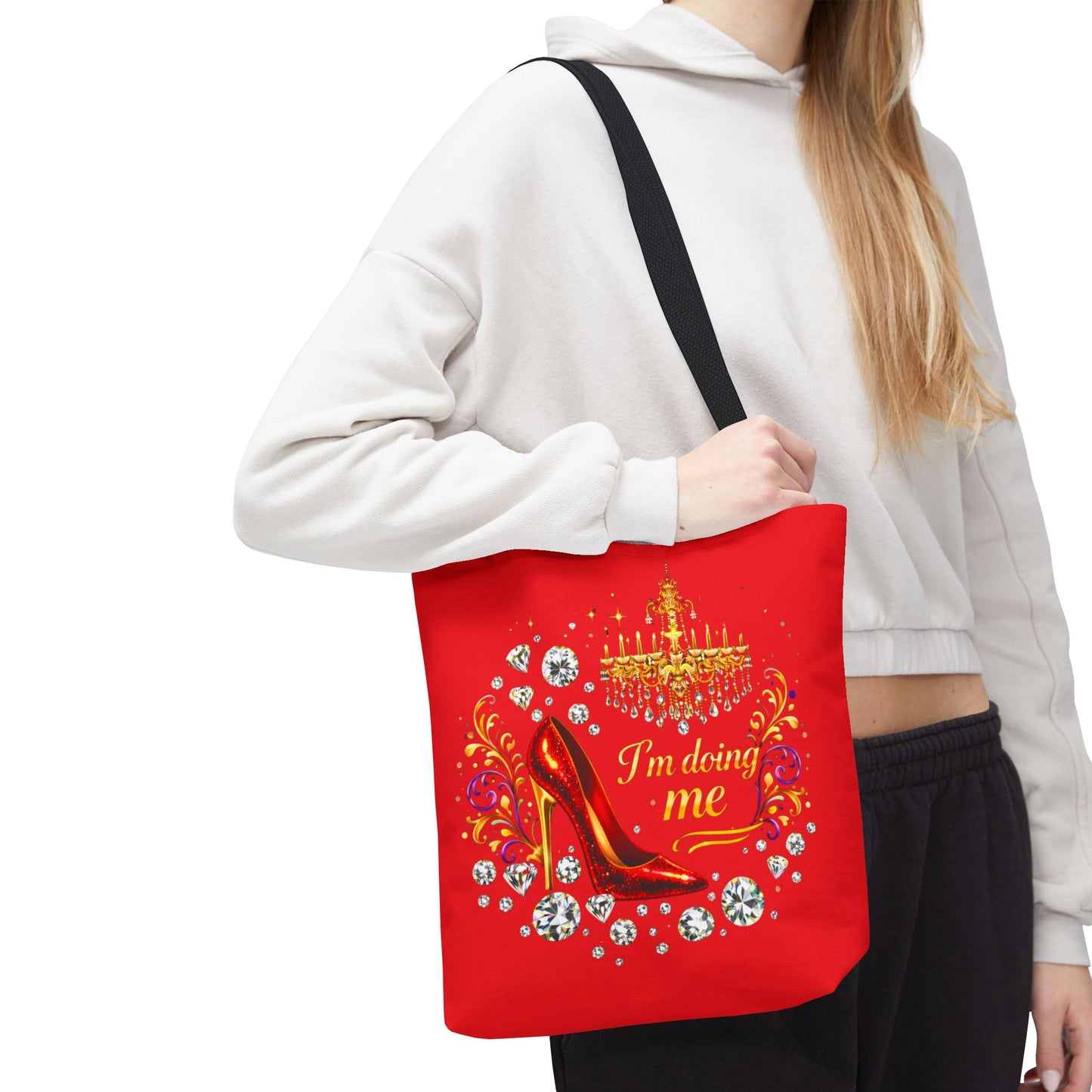 Red 'I'm Doing Me' Tote Bag — Glam High Heel & Chandelier Design