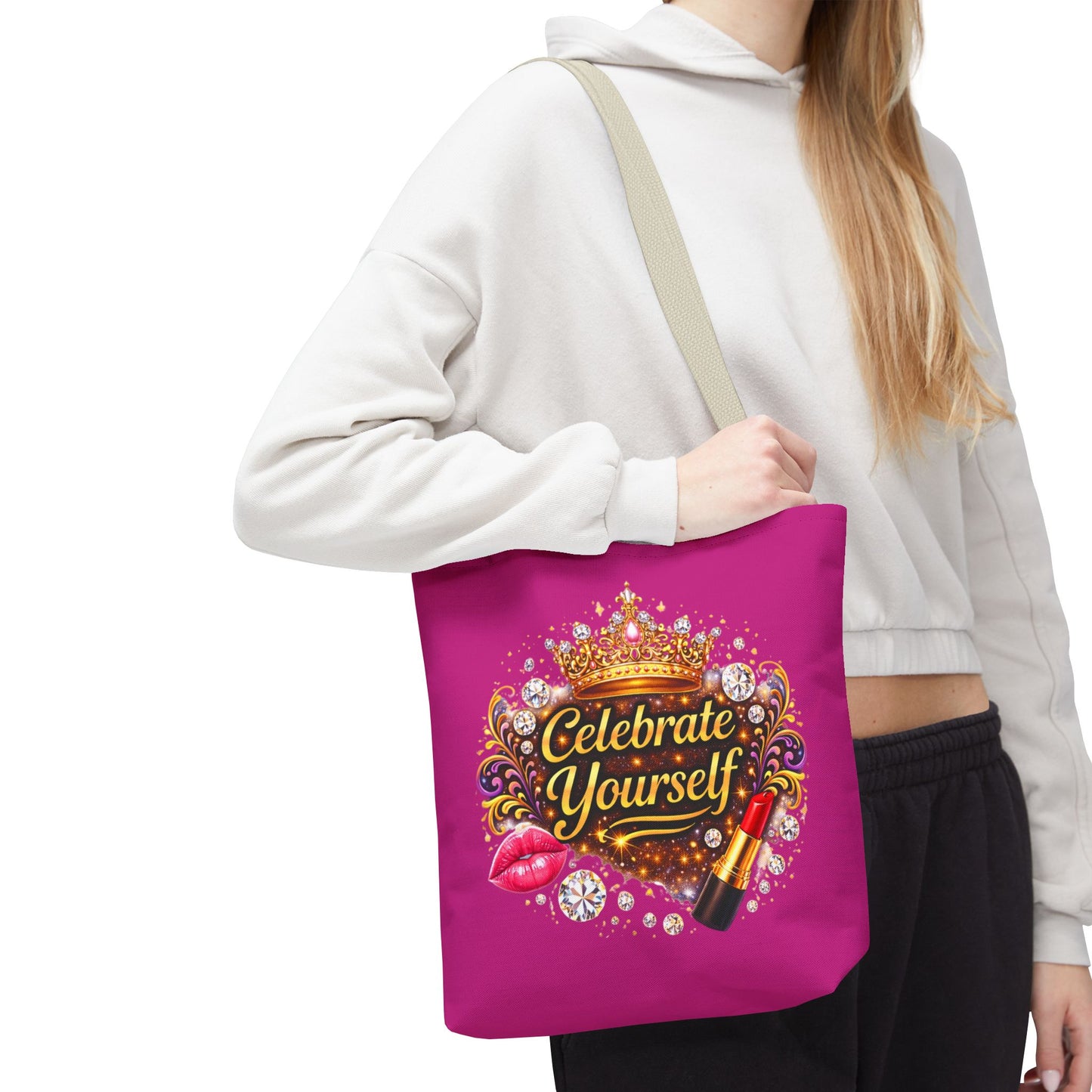 Celebrate Yourself Pink Tote Bag — Crown & Lipstick Glam Aesthetic