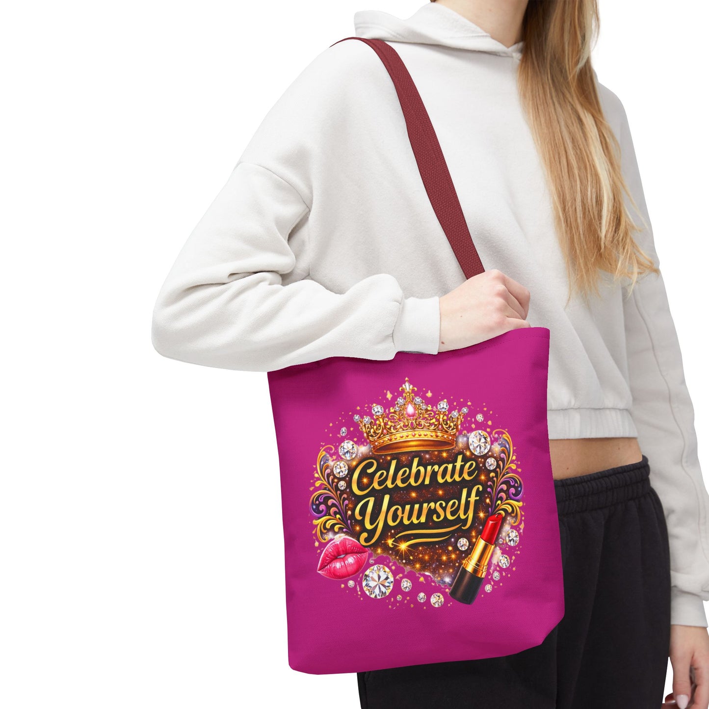 Celebrate Yourself Pink Tote Bag — Crown & Lipstick Glam Aesthetic