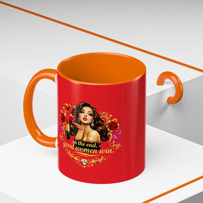 Coffee Mug — "In the End, Good Women Win" BRUNETTE Retro Pin-Up Design