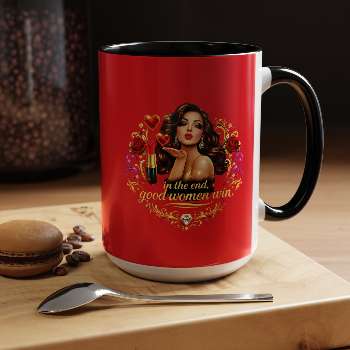 Coffee Mug — "In the End, Good Women Win" BRUNETTE Retro Pin-Up Design