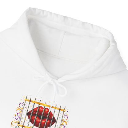 Kiss Through Bars Hoodie — Romantic Lip Print Pullover