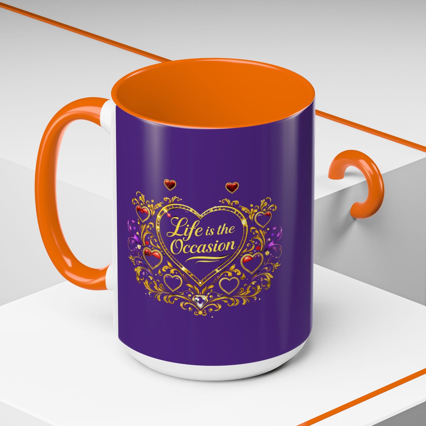 Life Is the Occasion Gold Heart Accent Coffee Mug — Inspirational Purple 11/15oz