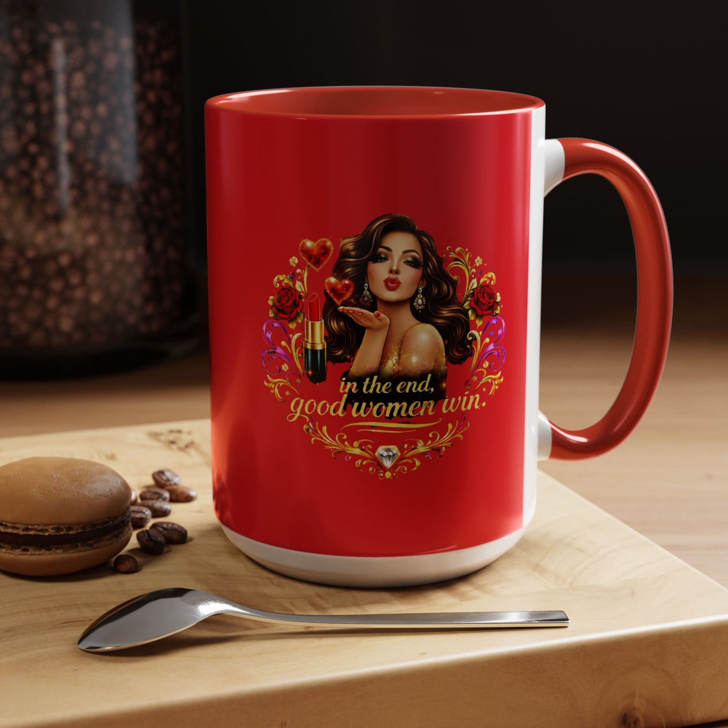 Coffee Mug — "In the End, Good Women Win" BRUNETTE Retro Pin-Up Design