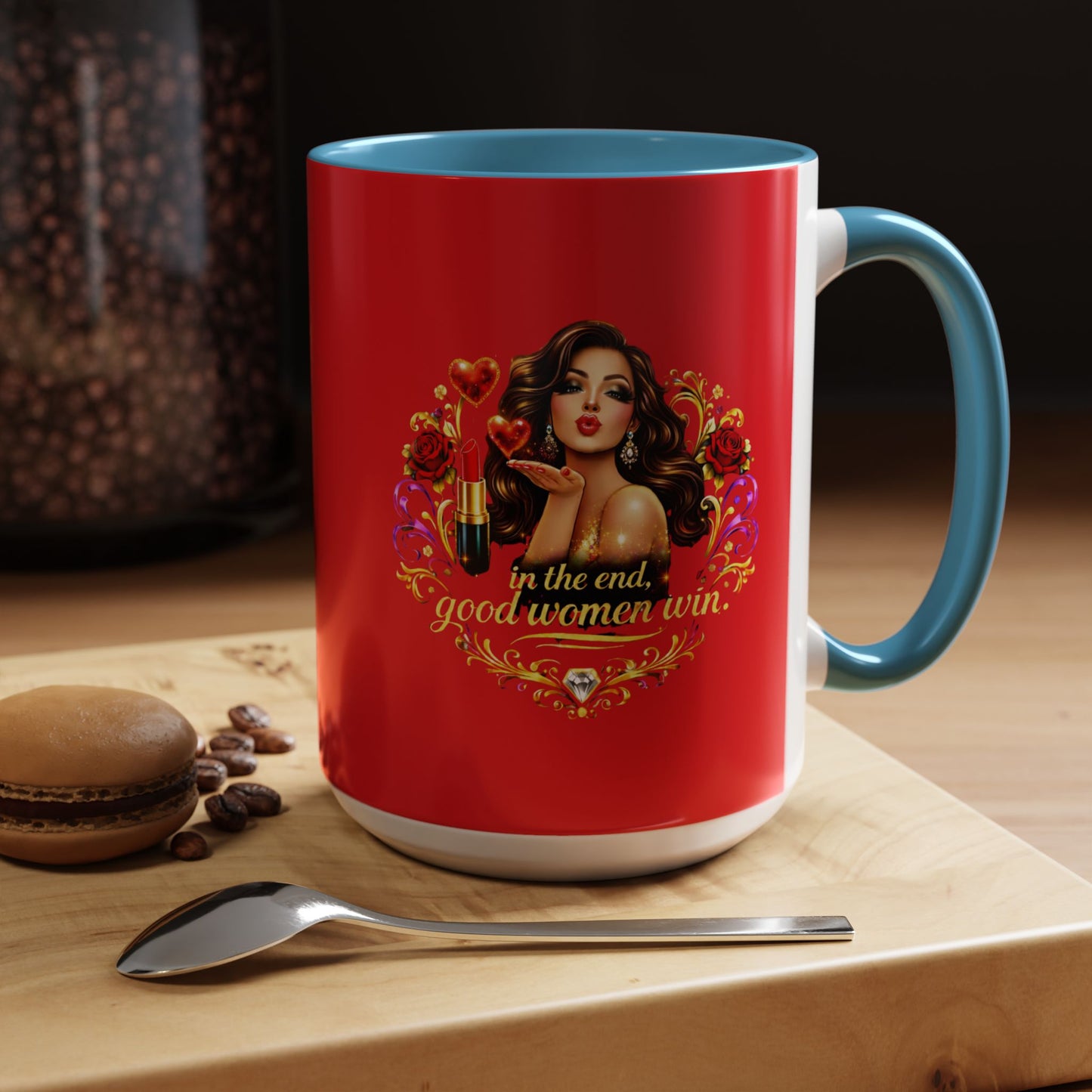 Coffee Mug — "In the End, Good Women Win" BRUNETTE Retro Pin-Up Design